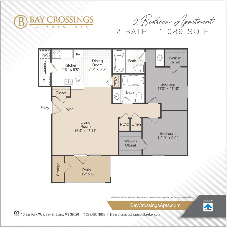Floor plan for 2 beds, 2 baths, 1089 sqft